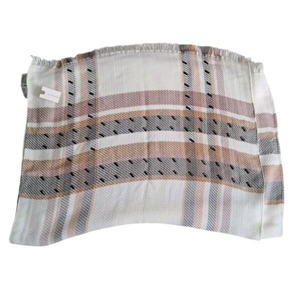 NWT Anthropologie Women's Scarf‎ White Gray Jeweled Plaid Long Neutral Preppy - Picture 2 of 8